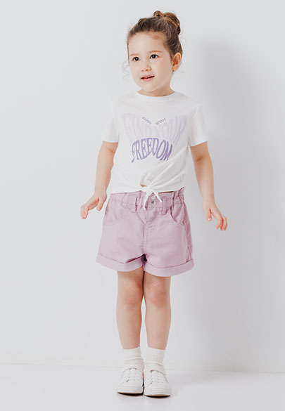 女童短版純棉綁帶印字T恤
