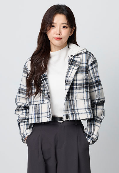 格紋毛料短版連帽襯衫