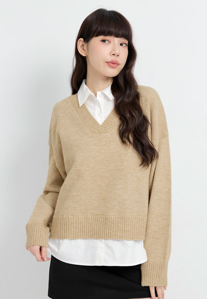 假兩件襯衫拼接針織衫