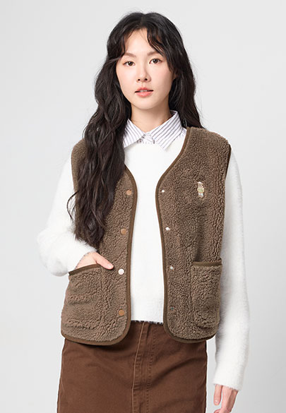 羊羔絨寬肩V領開襟背心