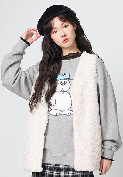 羊羔絨寬肩V領開襟背心