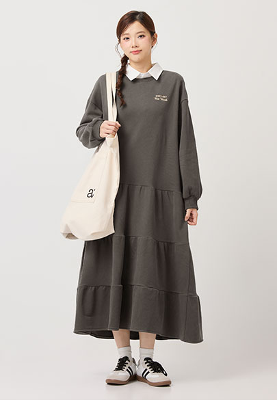 寬鬆圓領刷毛蛋糕長洋裝