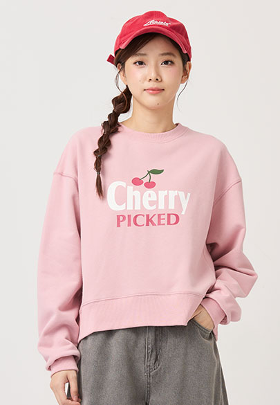 櫻桃印字圓領短版刷毛大學T