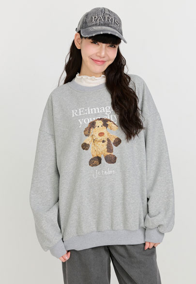 玩偶印花中長版刷毛大學T